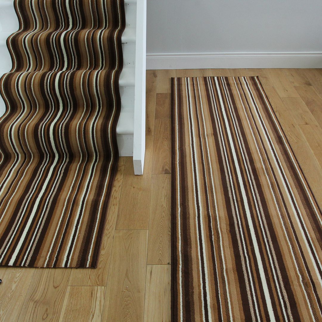 Dark Brown Beige Striped Wide Stair Carpet Runner Rug Long Length Sold